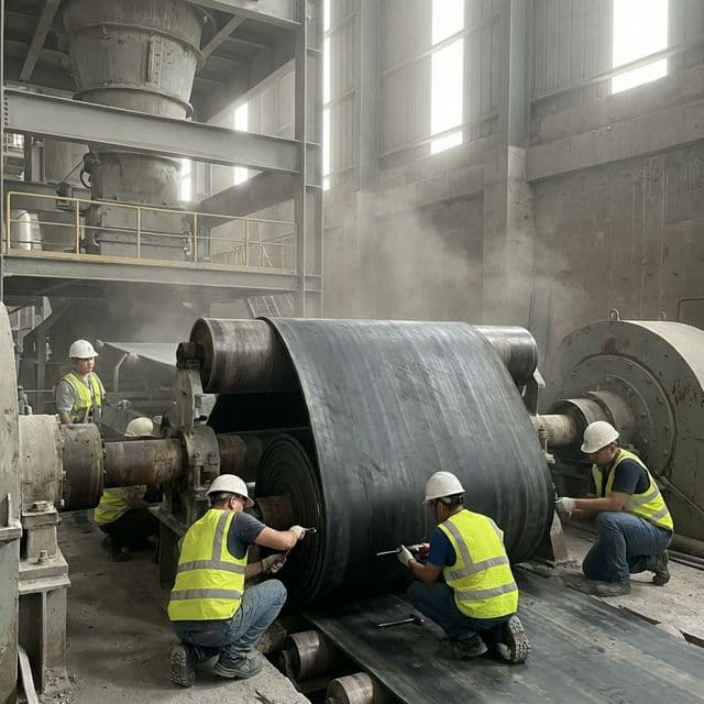 สายพานยางดำ งานคุ้ยลูกกลิ้ง แพลนท์ปูน